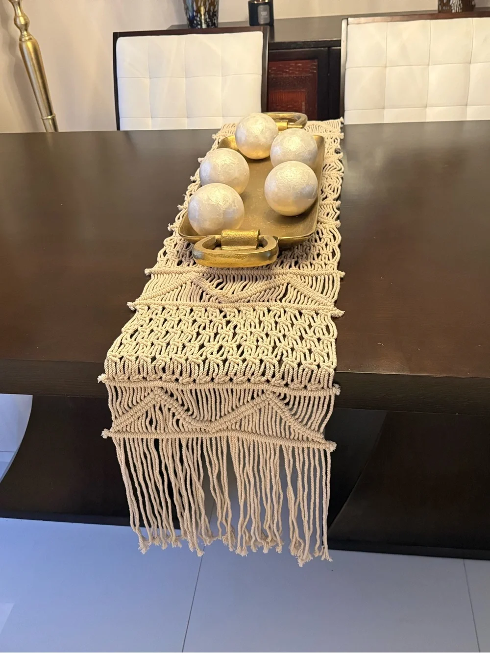 Handwoven Macramé Table Runner Boho Fringe Cotton Linen Natural Cream Rope Spain